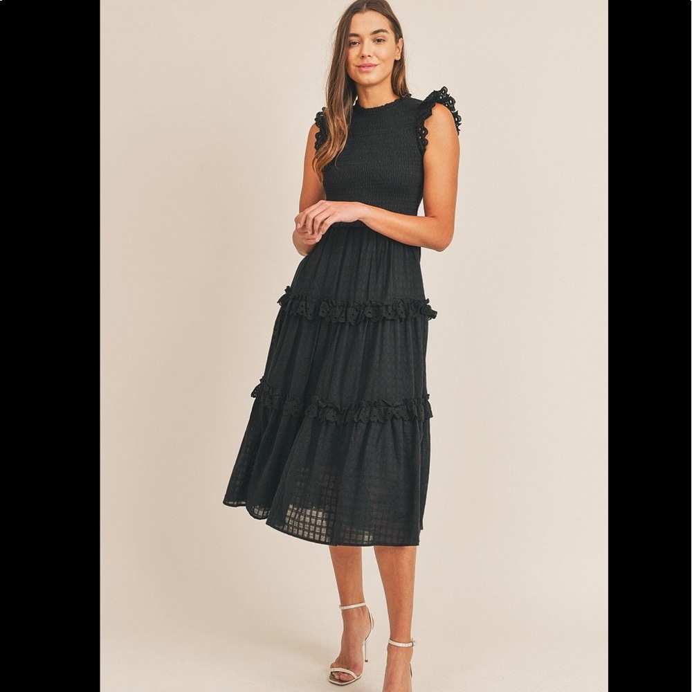 Black Smocked Ruffle Midi Holiday Dress